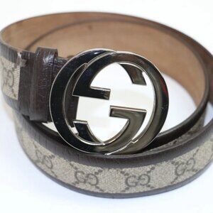 Gucci GG Supreme Monogram Men Belt 85/34 Interlocking Brown/Beidge 142931 READ